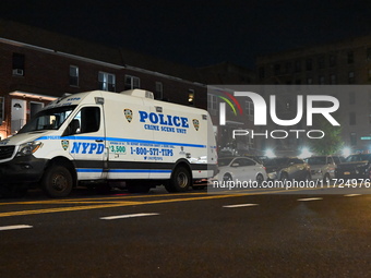 Two men and one woman die in a shooting in the Longwood section of Bronx, New York, United States, on October 30, 2024. Police investigate a...