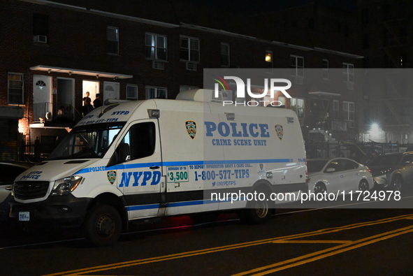 Two men and one woman die in a shooting in the Longwood section of Bronx, New York, United States, on October 30, 2024. Police investigate a...