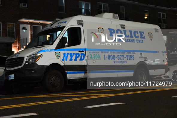 Two men and one woman die in a shooting in the Longwood section of Bronx, New York, United States, on October 30, 2024. Police investigate a...