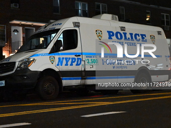 Two men and one woman die in a shooting in the Longwood section of Bronx, New York, United States, on October 30, 2024. Police investigate a...