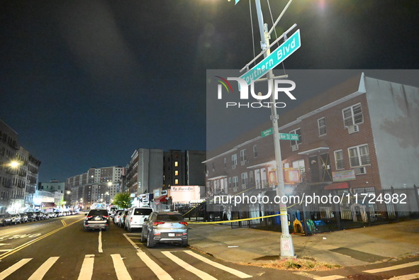 Two men and one woman die in a shooting in the Longwood section of Bronx, New York, United States, on October 30, 2024. Police investigate a...