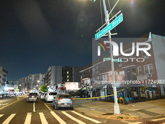 Two men and one woman die in a shooting in the Longwood section of Bronx, New York, United States, on October 30, 2024. Police investigate a...