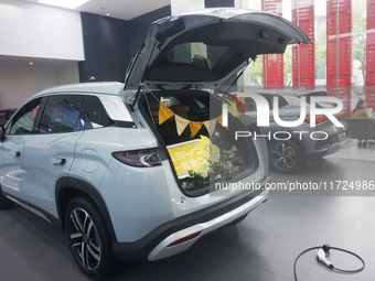 Customers buy a BYD electric car at a BYD store in Hangzhou, China, on October 31, 2024. (