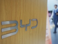 The BYD logo is displayed at a BYD store in Hangzhou, Zhejiang province, China, on October 31, 2024. (