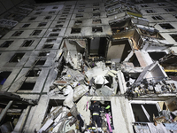 A section of a nine-storey residential building is destroyed by a Russian glide bomb in Kharkiv, Ukraine, on October 31, 2024. An 11-year-ol...