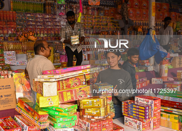 People buy firecrackers for the Diwali festival, the Hindu festival of lights, in Hyderabad, India, on October 31, 2024. 