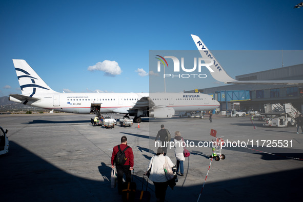 An Aegean airplane is at Athens airport in Greece on October 31, 2024. 