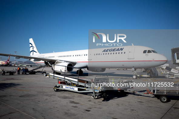 An Aegean airplane is at Athens airport in Greece on October 31, 2024. 