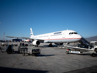 An Aegean airplane is at Athens airport in Greece on October 31, 2024. (