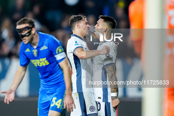 Lautaro Martinez of FC Internazionale celebrates with Nicolo' Barella after scoring third goal during the Serie A Enilive match between Empo...