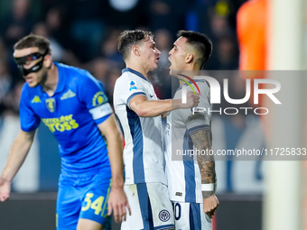 Lautaro Martinez of FC Internazionale celebrates with Nicolo' Barella after scoring third goal during the Serie A Enilive match between Empo...