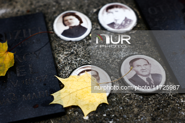 Autumns leaves are seen on the grave at the Rakowicki Cemetery a day ahead of the All Saints Day in Krakow, Poland on October 31, 2024. 