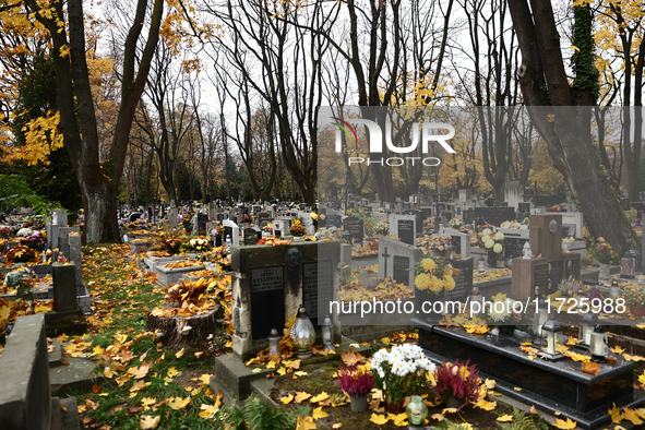 A view of the Rakowicki Cemetery a day ahead of the All Saints Day in Krakow, Poland on October 31, 2024. 