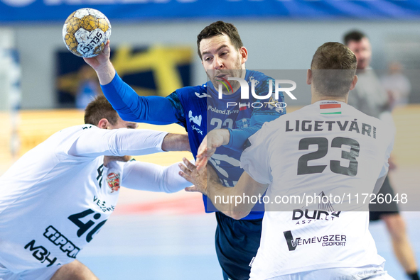 Miha Zarabec  is playing during the match EHF Champions League Men match between  Orlen Wisla Plock and Veszprem HC in Plock, Poland on Octo...