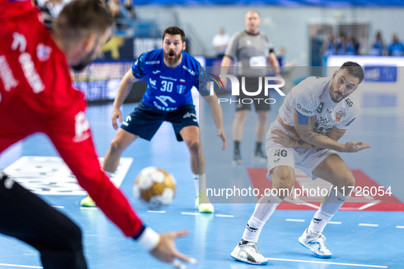 Hugo Descat  is playing during the match EHF Champions League Men match between  Orlen Wisla Plock and Veszprem HC in Plock, Poland on Octob...