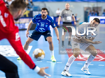 Hugo Descat  is playing during the match EHF Champions League Men match between  Orlen Wisla Plock and Veszprem HC in Plock, Poland on Octob...