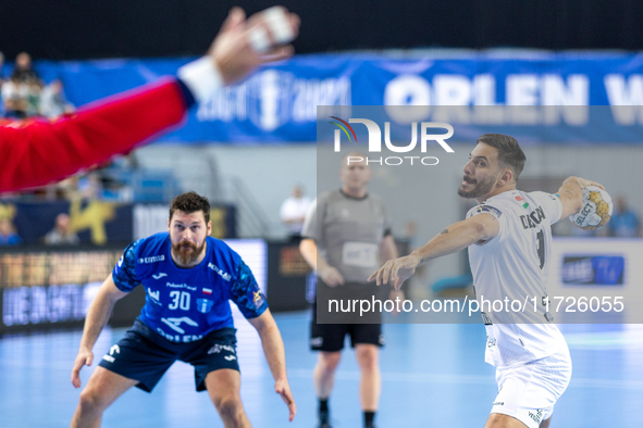 Hugo Descat  is playing during the match EHF Champions League Men match between  Orlen Wisla Plock and Veszprem HC in Plock, Poland on Octob...