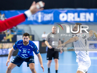 Hugo Descat  is playing during the match EHF Champions League Men match between  Orlen Wisla Plock and Veszprem HC in Plock, Poland on Octob...