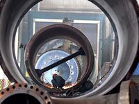 A construction worker builds petrochemical equipment at Lanshi Heavy Machinery Co LTD in Qingdao, China, on October 31, 2024. (