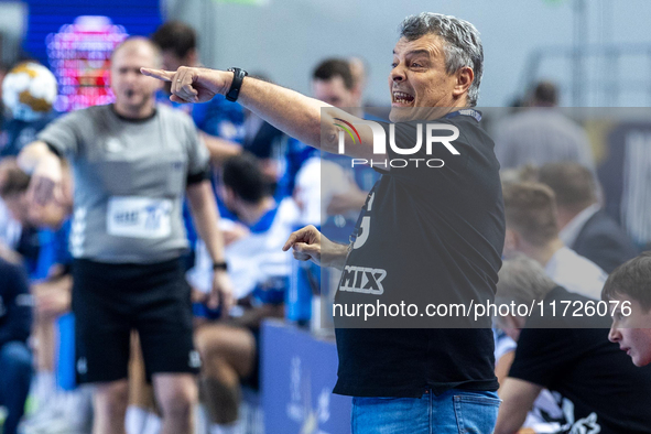 Coach Xavier Pascual Fuertes  is reacting during the match EHF Champions League Men match between  Orlen Wisla Plock and Veszprem HC in Ploc...