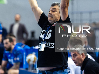 Coach Xavier Pascual Fuertes  is reacting during the match EHF Champions League Men match between  Orlen Wisla Plock and Veszprem HC in Ploc...