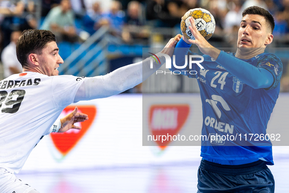 Ludovic Fabregas and Gergo Fazekas are playing during the match EHF Champions League Men match between  Orlen Wisla Plock and Veszprem HC in...