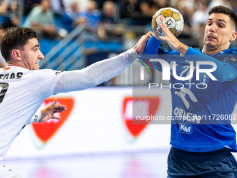 Ludovic Fabregas and Gergo Fazekas are playing during the match EHF Champions League Men match between  Orlen Wisla Plock and Veszprem HC in...