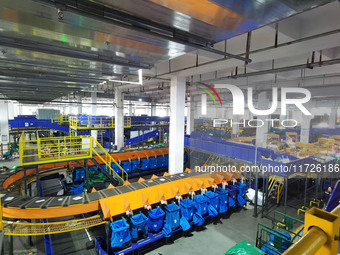 Workers use automatic sorting equipment to sort parcels at the Fuyang Mail Processing Center of China Post in Fuyang, China, on October 23,...