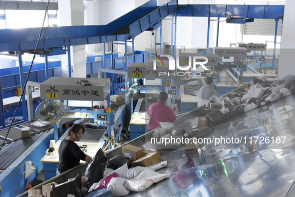 Staff members of the ZTO Express Fuyang Distribution Center use automatic sorting equipment to sort parcels in Fuyang, China, on October 23,...