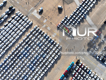 A large number of vehicles gather for loading at the terminal of Oriental Port Branch in Lianyungang Port in Lianyungang, China, on October...