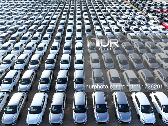 A large number of vehicles gather for loading at the terminal of Oriental Port Branch in Lianyungang Port in Lianyungang, China, on October...