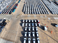 A large number of vehicles gather for loading at the terminal of Oriental Port Branch in Lianyungang Port in Lianyungang, China, on October...