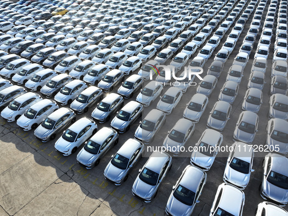 A large number of vehicles gather for loading at the terminal of Oriental Port Branch in Lianyungang Port in Lianyungang, China, on October...