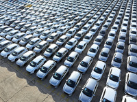 A large number of vehicles gather for loading at the terminal of Oriental Port Branch in Lianyungang Port in Lianyungang, China, on October...