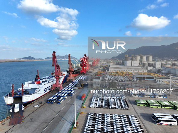 A large number of vehicles gather for loading at the terminal of Oriental Port Branch in Lianyungang Port in Lianyungang, China, on October...