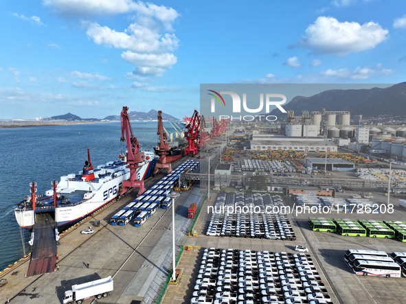 A large number of vehicles gather for loading at the terminal of Oriental Port Branch in Lianyungang Port in Lianyungang, China, on October...