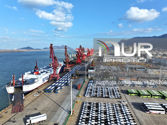 A large number of vehicles gather for loading at the terminal of Oriental Port Branch in Lianyungang Port in Lianyungang, China, on October...