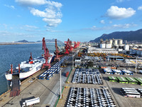 A large number of vehicles gather for loading at the terminal of Oriental Port Branch in Lianyungang Port in Lianyungang, China, on October...