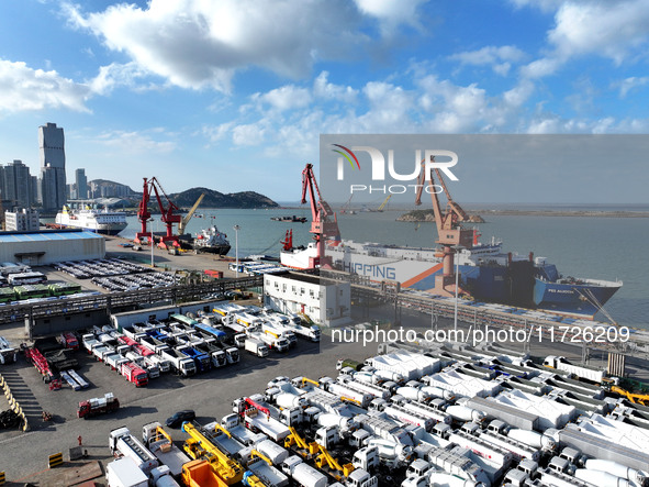 A large number of vehicles gather for loading at the terminal of Oriental Port Branch in Lianyungang Port in Lianyungang, China, on October...