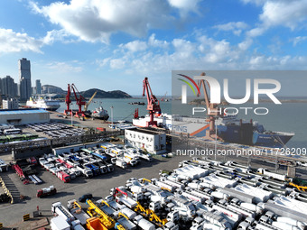 A large number of vehicles gather for loading at the terminal of Oriental Port Branch in Lianyungang Port in Lianyungang, China, on October...