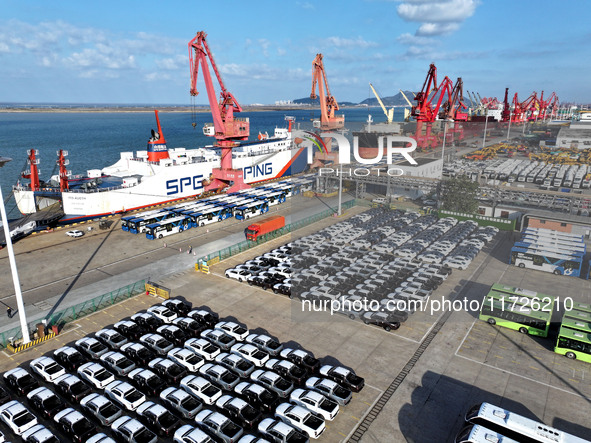 A large number of vehicles gather for loading at the terminal of Oriental Port Branch in Lianyungang Port in Lianyungang, China, on October...