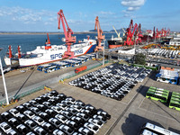 A large number of vehicles gather for loading at the terminal of Oriental Port Branch in Lianyungang Port in Lianyungang, China, on October...