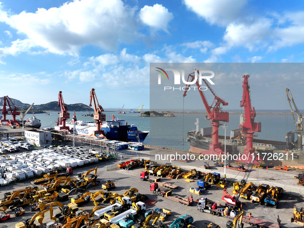 A large number of vehicles gather for loading at the terminal of Oriental Port Branch in Lianyungang Port in Lianyungang, China, on October...