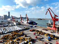 A large number of vehicles gather for loading at the terminal of Oriental Port Branch in Lianyungang Port in Lianyungang, China, on October...