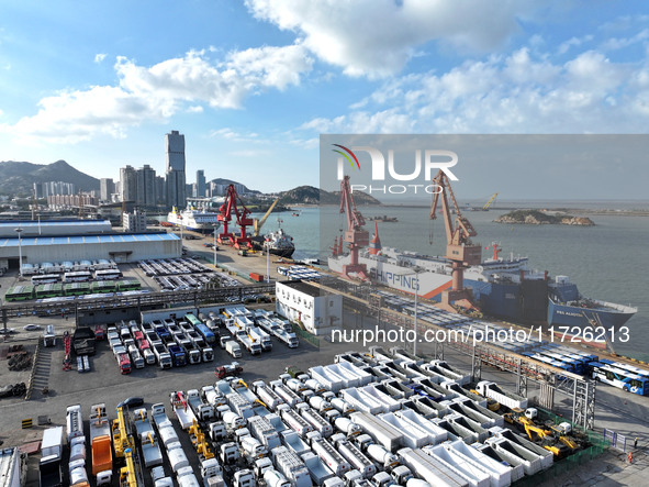 A large number of vehicles gather for loading at the terminal of Oriental Port Branch in Lianyungang Port in Lianyungang, China, on October...