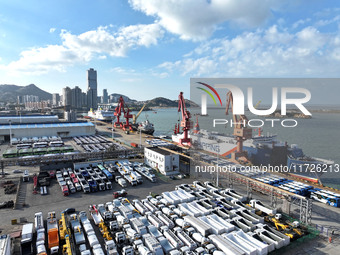 A large number of vehicles gather for loading at the terminal of Oriental Port Branch in Lianyungang Port in Lianyungang, China, on October...