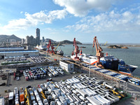 A large number of vehicles gather for loading at the terminal of Oriental Port Branch in Lianyungang Port in Lianyungang, China, on October...