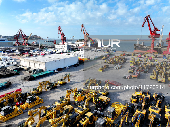 A large number of vehicles gather for loading at the terminal of Oriental Port Branch in Lianyungang Port in Lianyungang, China, on October...