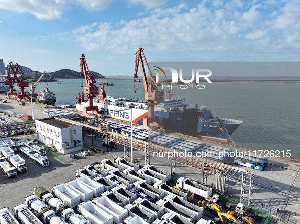 A large number of vehicles gather for loading at the terminal of Oriental Port Branch in Lianyungang Port in Lianyungang, China, on October...