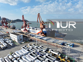 A large number of vehicles gather for loading at the terminal of Oriental Port Branch in Lianyungang Port in Lianyungang, China, on October...